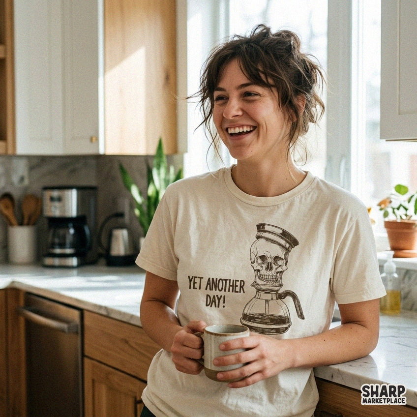Funny skull holding a coffee pot retro png design for sarcastic caffeine lovers and spooky season t-shirts