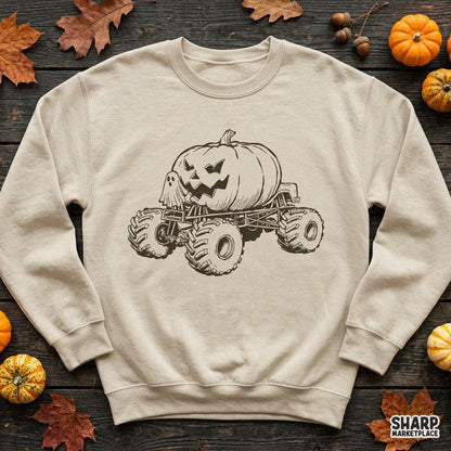 Spooky retro monster truck driven by a ghost carrying a giant pumpkin jack o lantern for Halloween apparel PNG designs