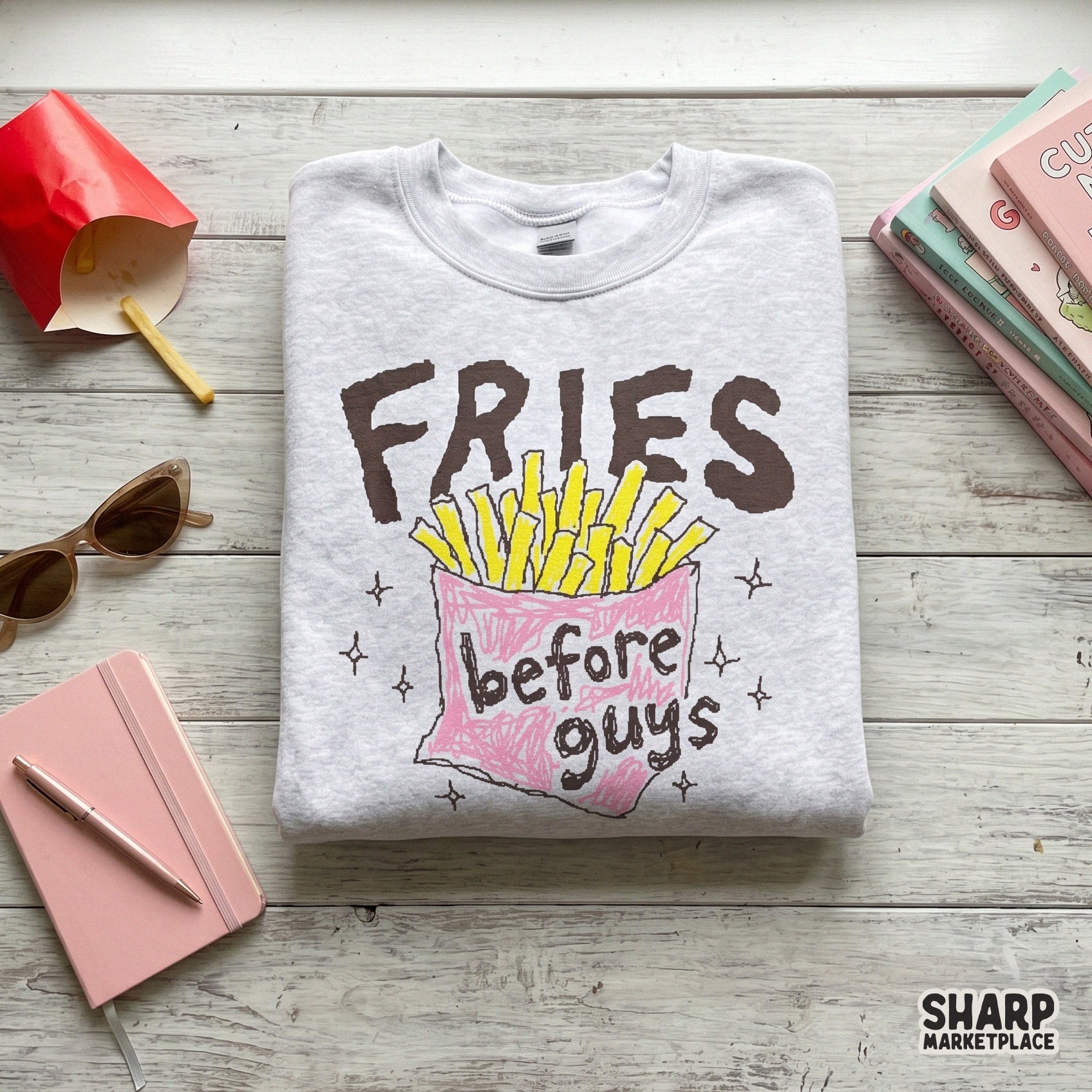 Digital sublimation graphic featuring a whimsical hand-drawn snack theme with yellow fries and a pink carton, perfect for funny Valentine t-shirts.