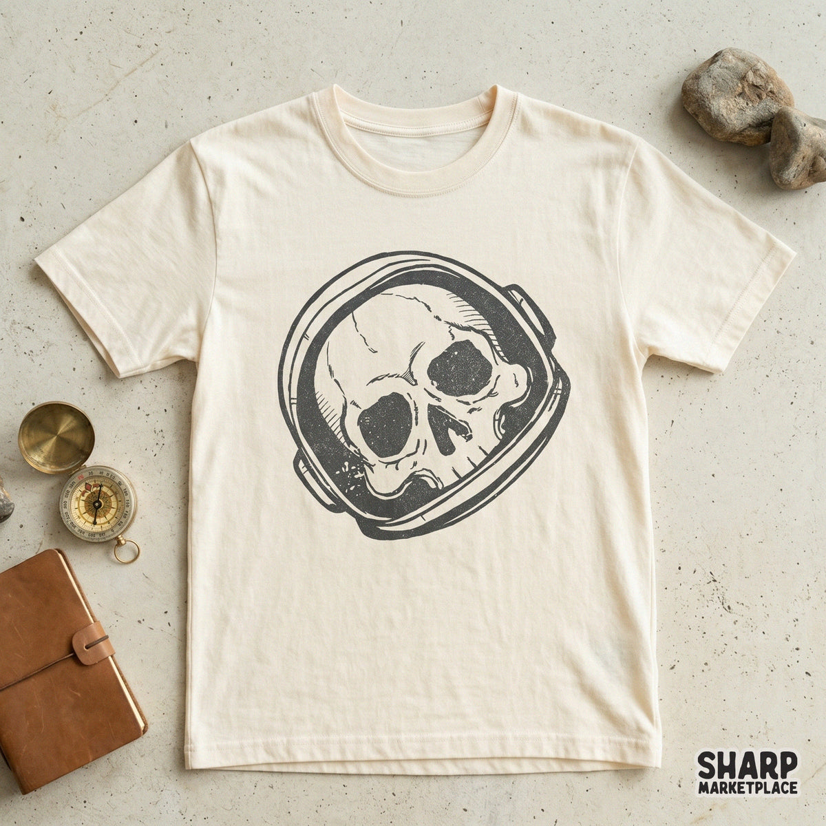 Detailed monochromatic astronaut skull graphic with a distressed ink style, perfect for DTF transfers, sublimation, or dark themed stickers.