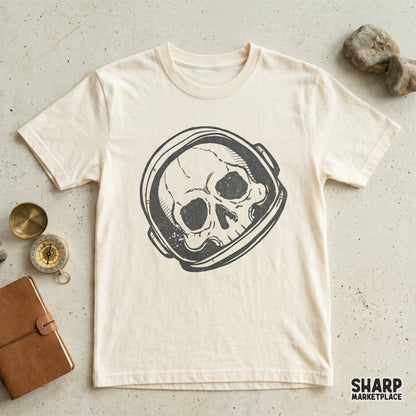 Detailed monochromatic astronaut skull graphic with a distressed ink style, perfect for DTF transfers, sublimation, or dark themed stickers.