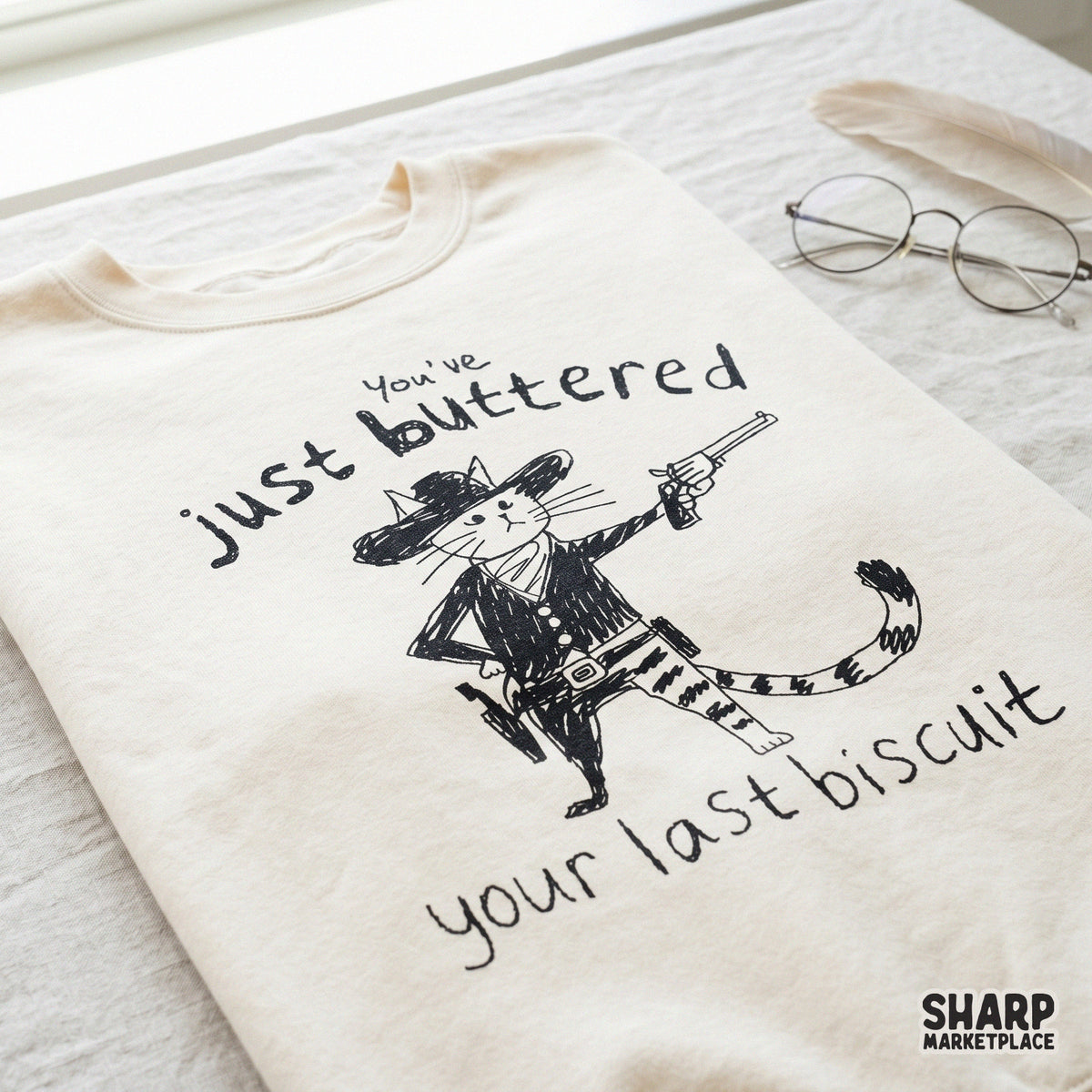 High-resolution monochromatic western cat graphic with hand-lettered text, suitable for print-on-demand shirts, tumblers, and creative DIY craft projects.