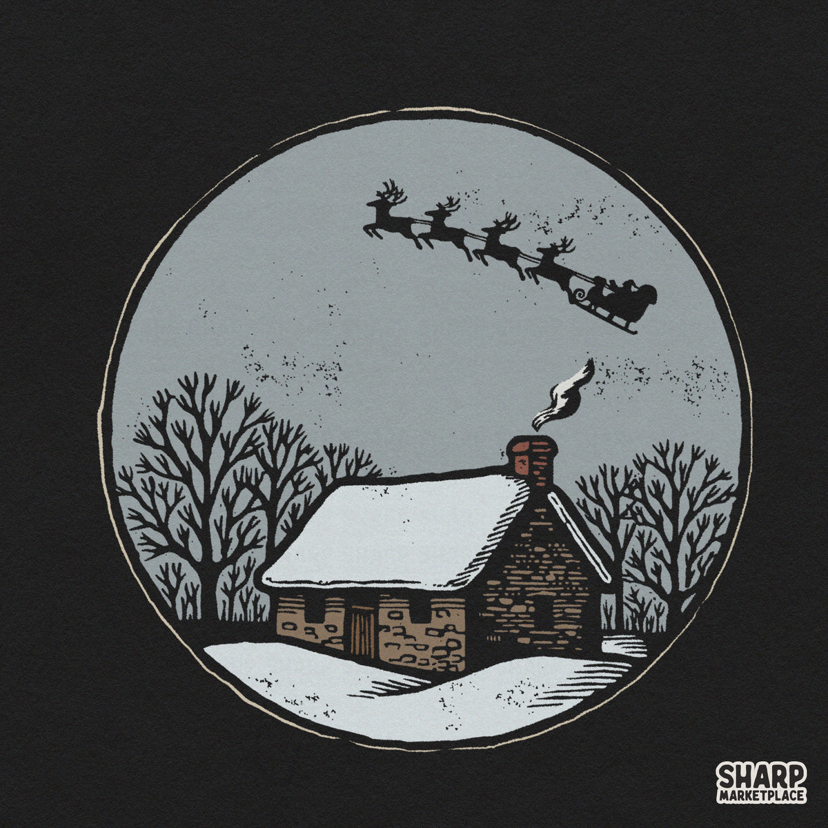 Rustic winter cabin and flying Santa sleigh retro Christmas PNG design for shirts and sublimation