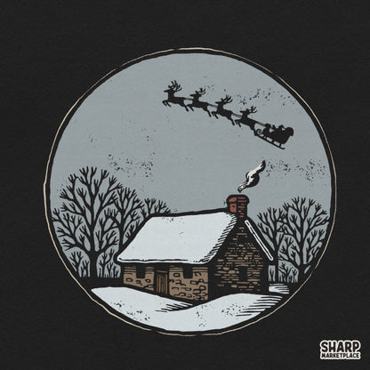 Rustic winter cabin and flying Santa sleigh retro Christmas PNG design for shirts and sublimation