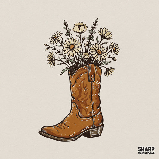 Vintage tan cowboy boot filled with a rustic bouquet of daisies and wildflowers for boho western sublimation and apparel projects.