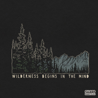 Vintage retro wilderness begins in the mind quote with pine trees and mountains for camping png t-shirt designs