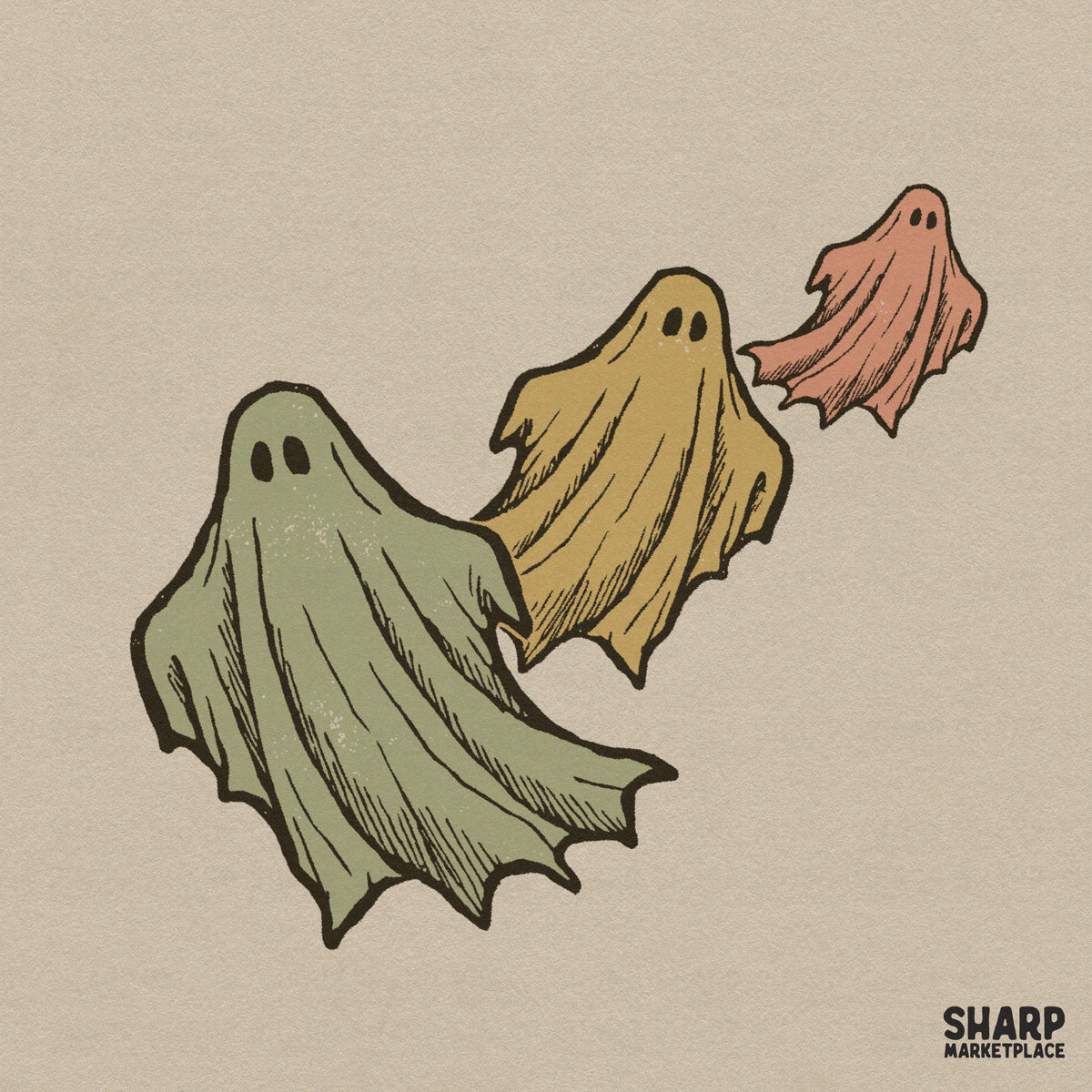 Three colorful flying ghosts retro Halloween PNG design for cute spooky season t-shirts and fall apparel
