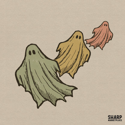 Three colorful flying ghosts retro Halloween PNG design for cute spooky season t-shirts and fall apparel