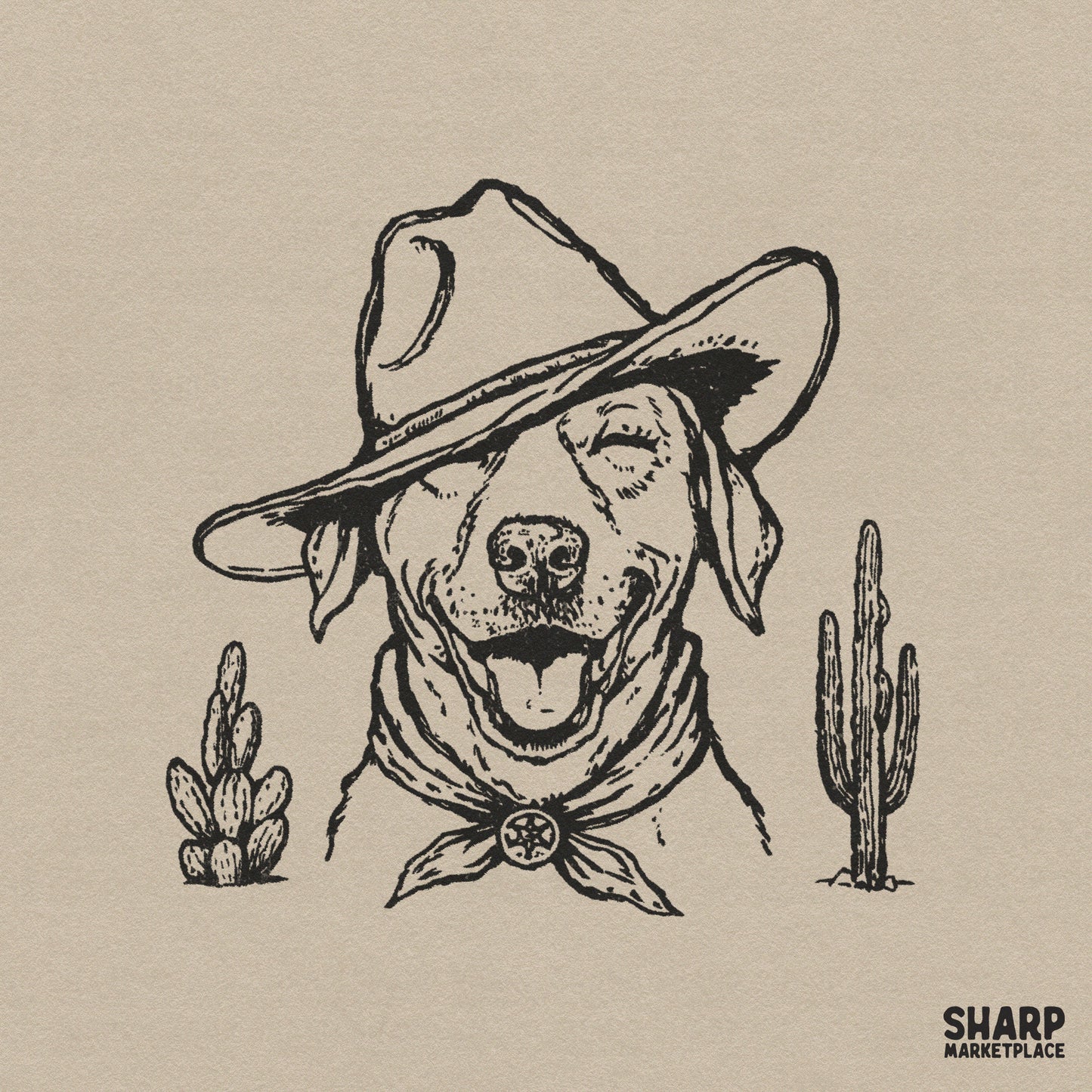 Smiling Cowboy Dog Portrait In Oversized Hat, Funny Western Pup Artwork