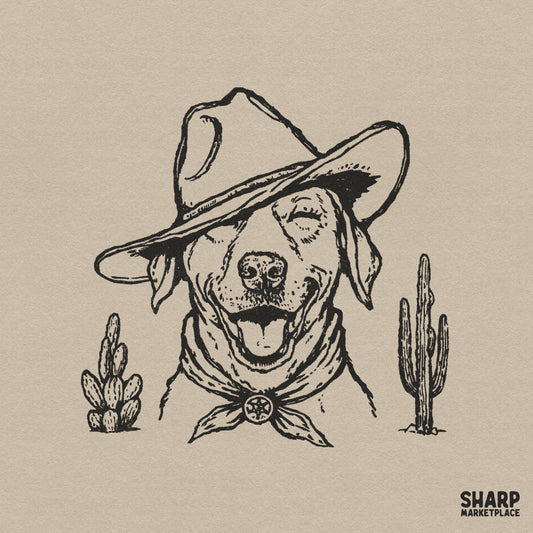 Smiling Cowboy Dog Portrait In Oversized Hat, Funny Western Pup Artwork
