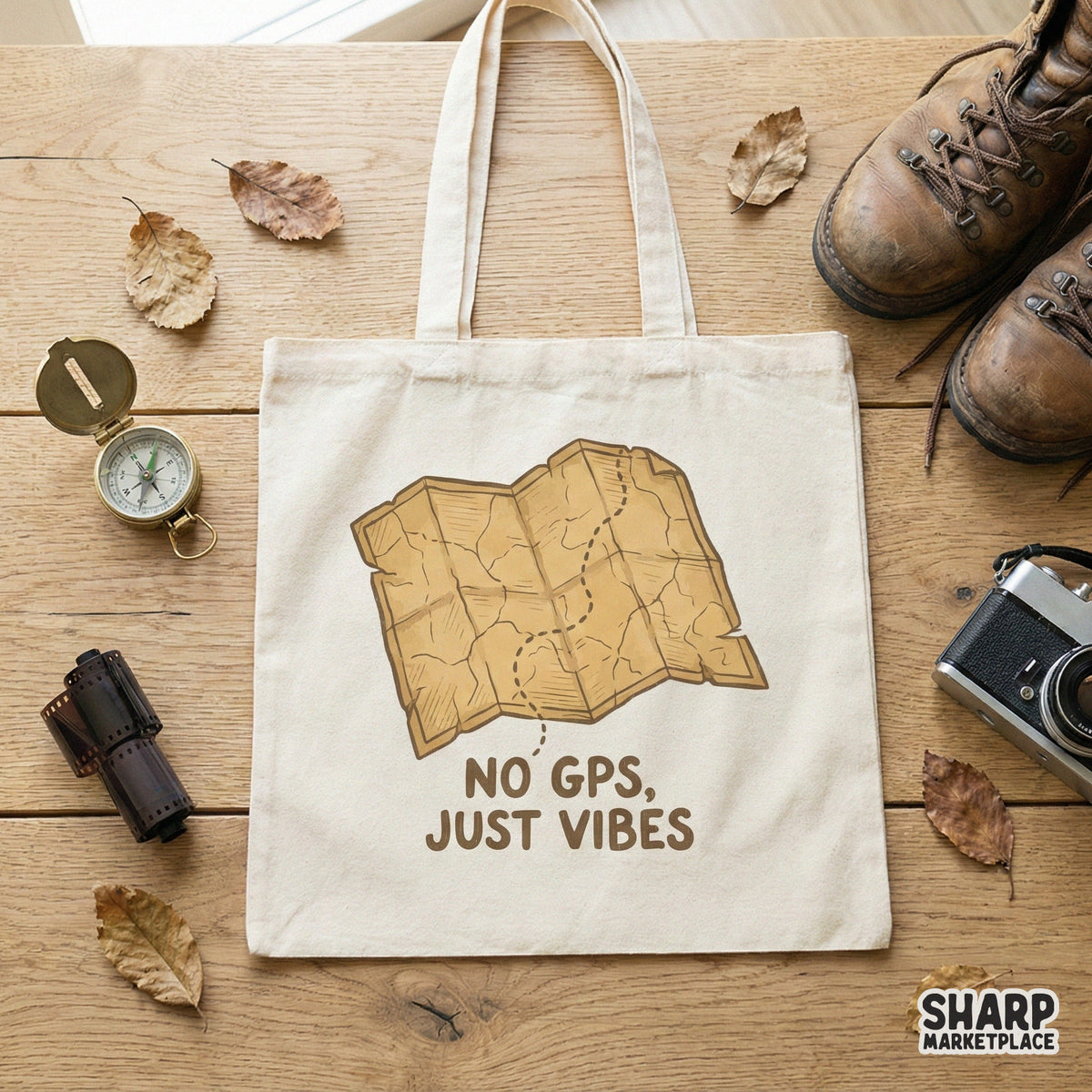 Retro-style travel map graphic with a wandering path and the phrase No Gps, Just Vibes, displayed on a canvas tote bag for a DIY outdoor aesthetic.