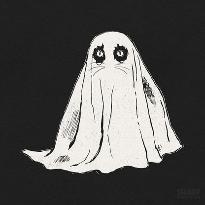 Adorable cat wearing a sheet ghost costume illustration for a vintage shirt apparel sublimation design