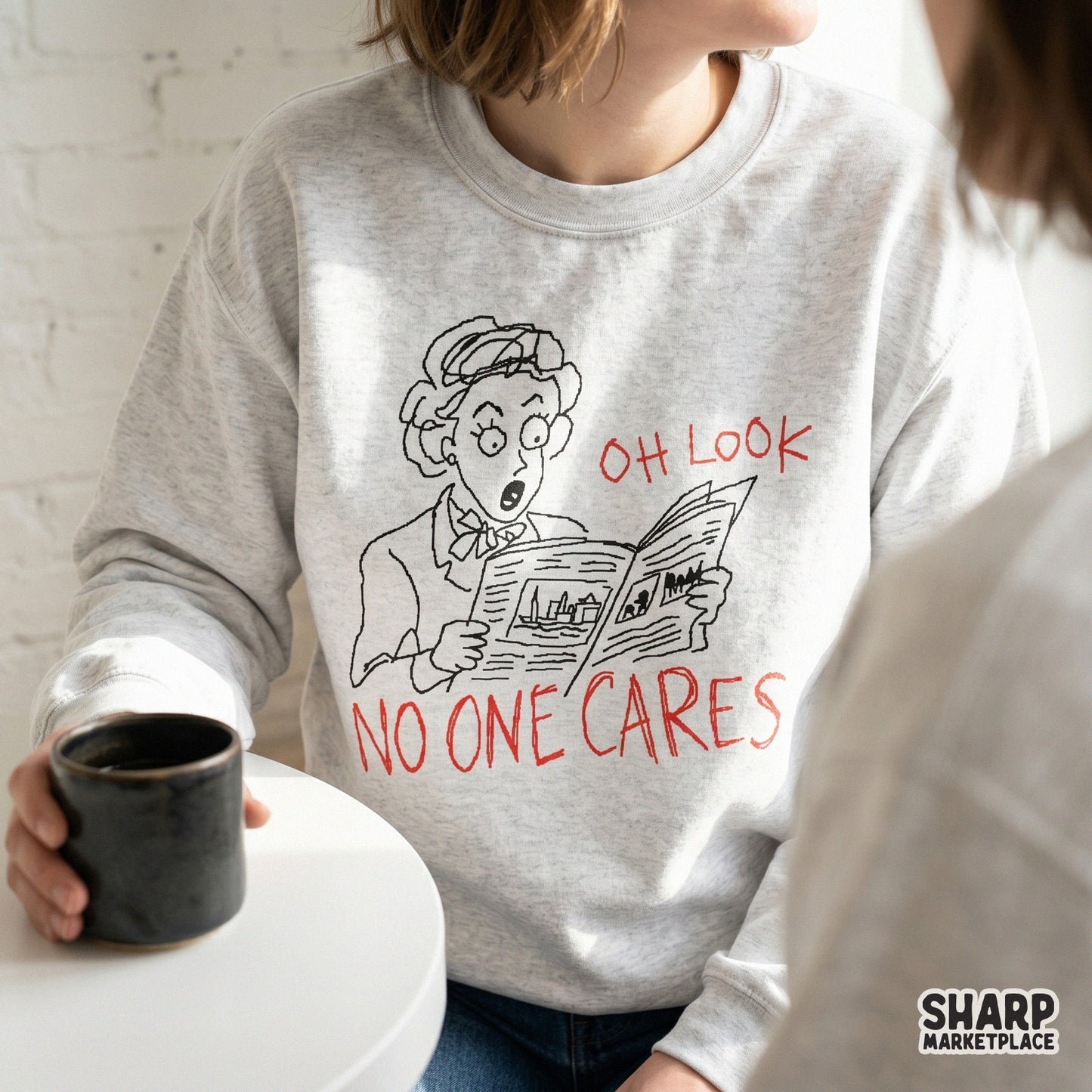 Sarcastic housewife illustration featuring a woman reading a newspaper with red text, shown as a digital design for custom t-shirts and sublimation.