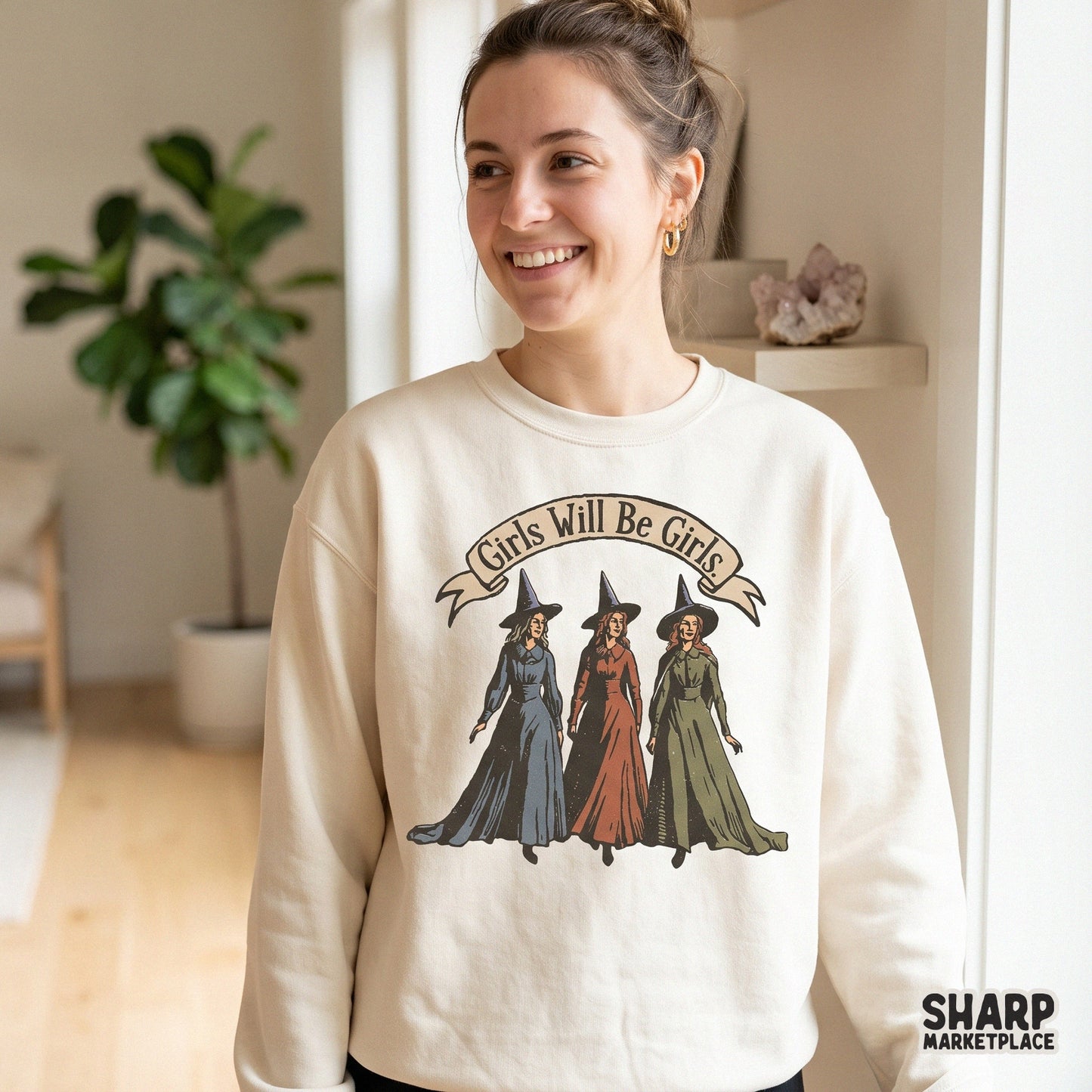 Funny vintage witches coven art with Girls Will Be Girls text for retro Halloween PNG and spooky season shirt designs