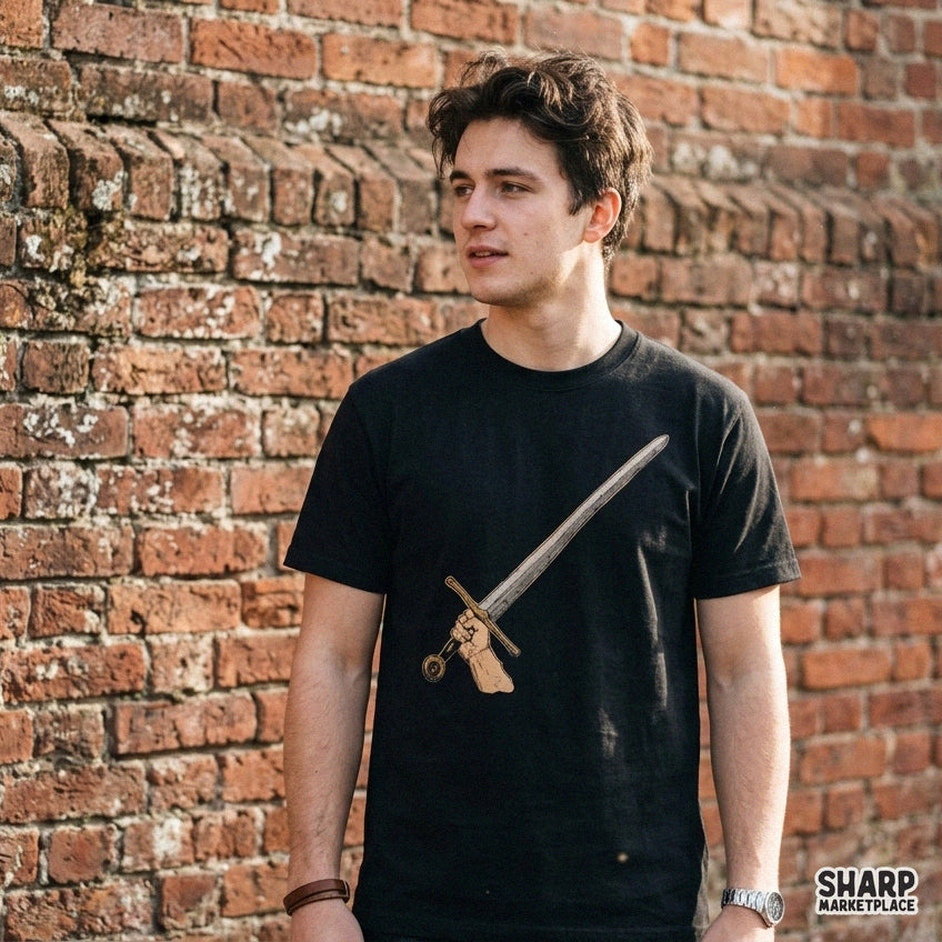 Hand holding a medieval metal sword illustration retro knight graphic PNG for t-shirt sublimation designs