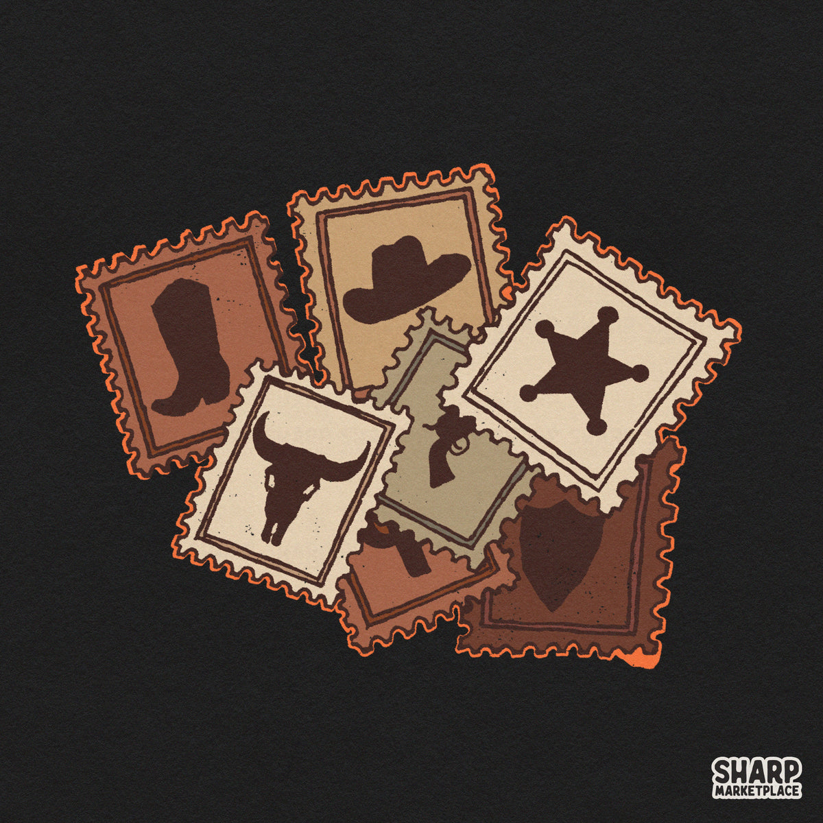 Retro western postage stamps design featuring cowboy boots and hats for country music apparel transparent PNG