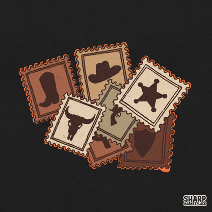 Retro western postage stamps design featuring cowboy boots and hats for country music apparel transparent PNG