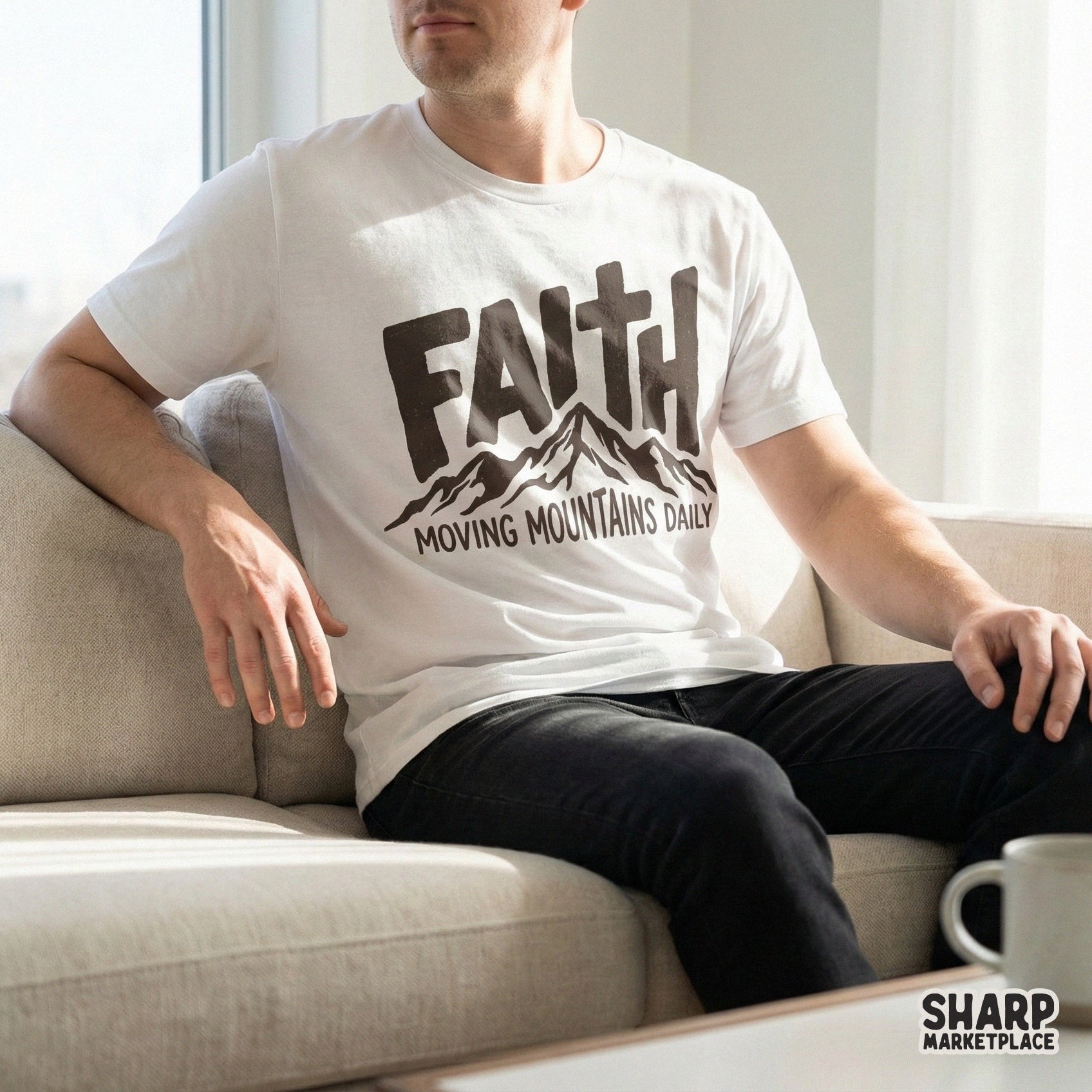 Faith Moving Mountains Daily printable graphic with a distressed aesthetic, perfect for Christian wall art, religious gifts, and custom clothing.