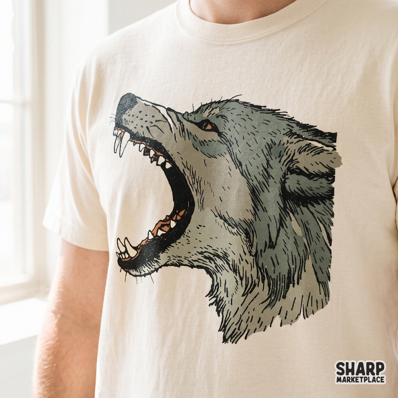 Growling wolf profile illustration in an edgy grunge style for trendy streetwear t-shirts and wildlife nature sublimation