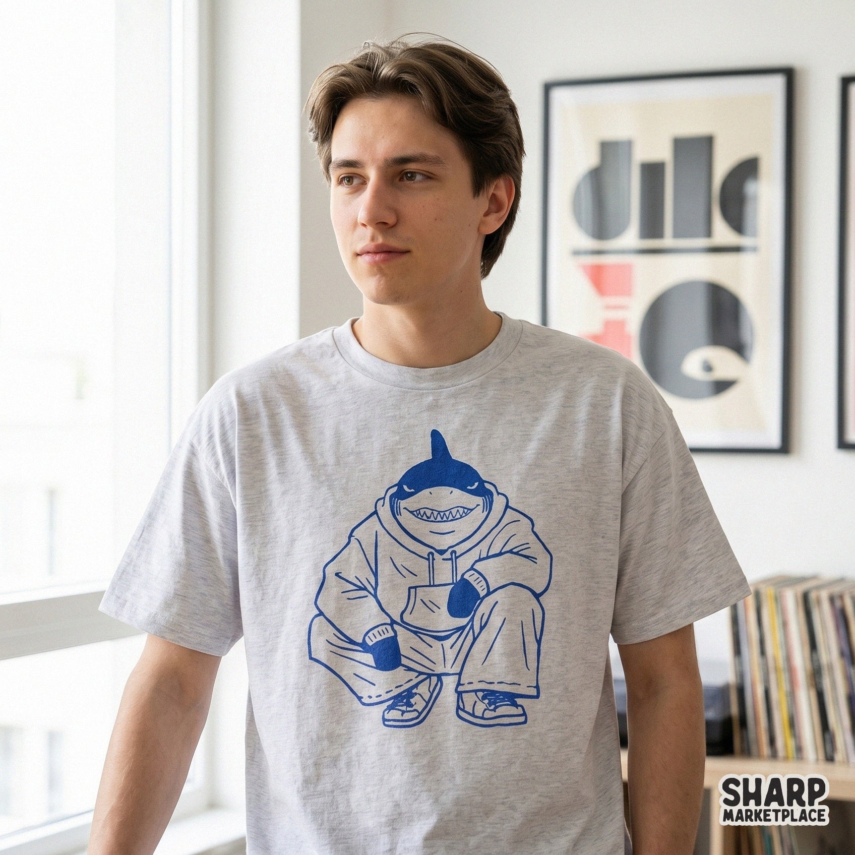 Streetwear shark character art in a hoodie and sneakers for trendy t-shirt designs and funny stickers