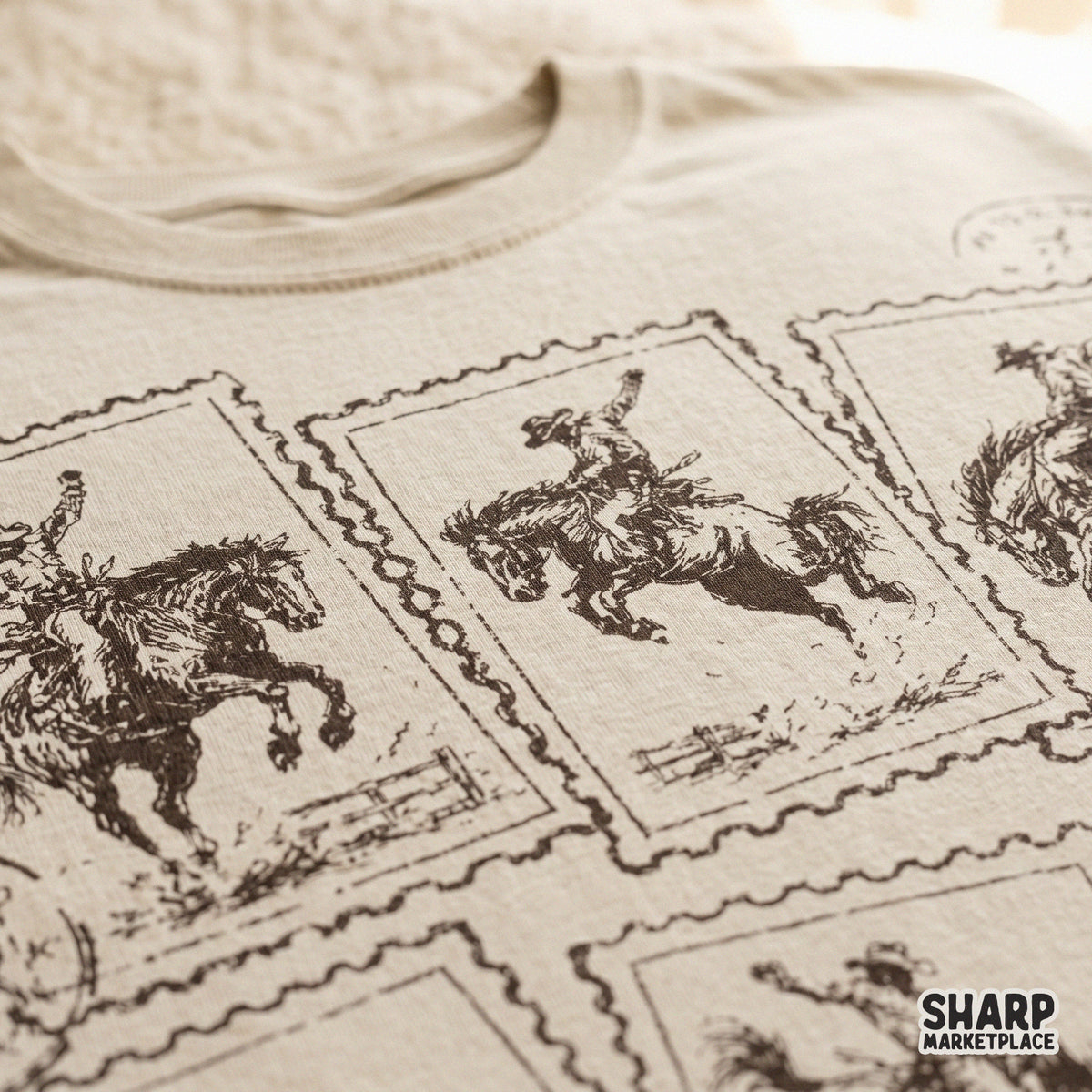 Retro rodeo-themed graphic featuring six individual postage stamp illustrations of bucking horses, ideal for rustic wall art or DIY stationery.
