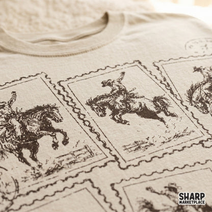 Retro rodeo-themed graphic featuring six individual postage stamp illustrations of bucking horses, ideal for rustic wall art or DIY stationery.