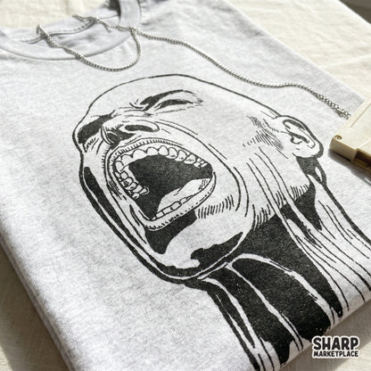 Detailed digital illustration of a raw, wide-mouthed screaming face in a sketch style, suitable for custom sublimation designs and edgy stickers.