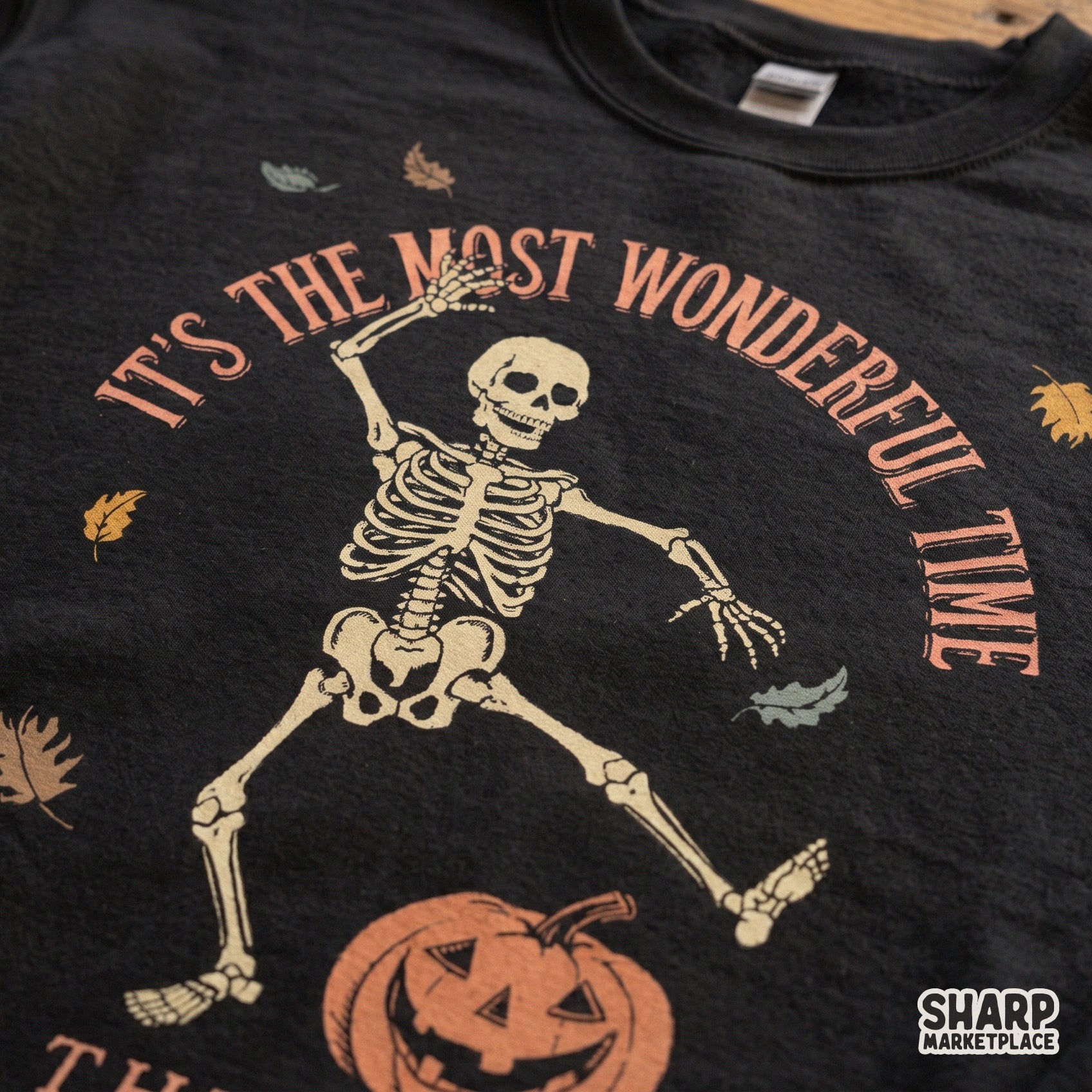 Retro dancing skeleton with pumpkin and autumn leaves for spooky season Halloween apparel and decor design
