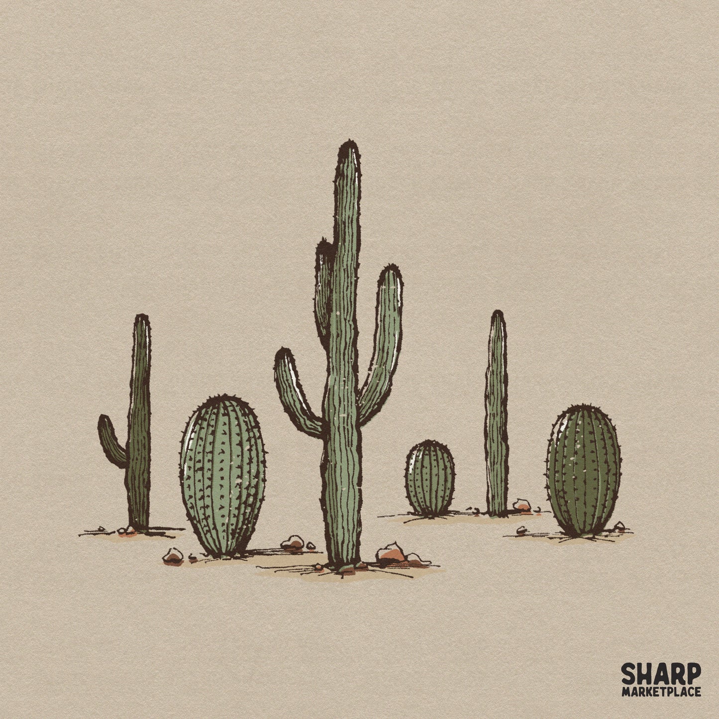Vintage desert cacti landscape illustration for western style sublimation shirts and retro summer nature designs