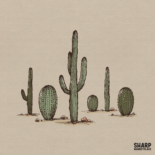 Vintage desert cacti landscape illustration for western style sublimation shirts and retro summer nature designs