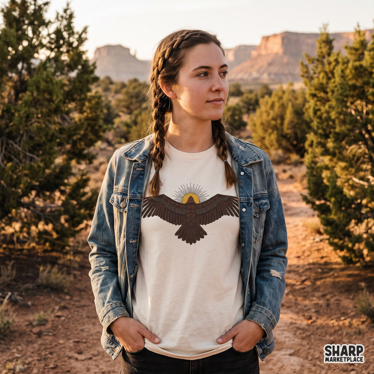 Southwestern thunderbird graphic with geometric patterns and yellow sun for western t-shirt designs and stickers