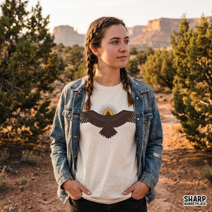 Southwestern thunderbird graphic with geometric patterns and yellow sun for western t-shirt designs and stickers