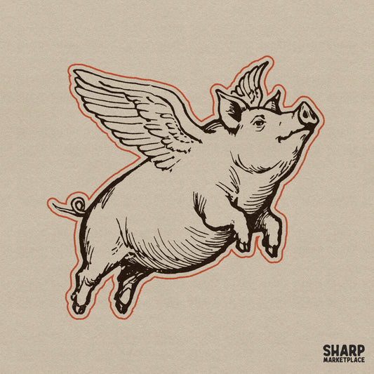 Detailed woodcut style flying pig illustration with wings and a subtle orange outline for retro farm themed sublimation and apparel designs