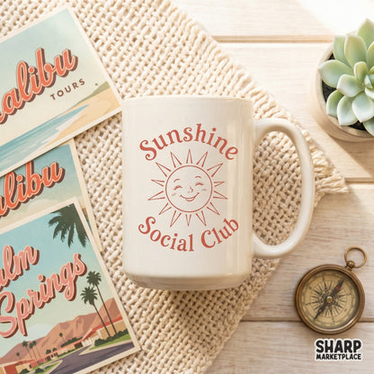Retro Sunshine Social Club PNG with coquette pink bow and groovy happy face for summer beach vibe apparel designs