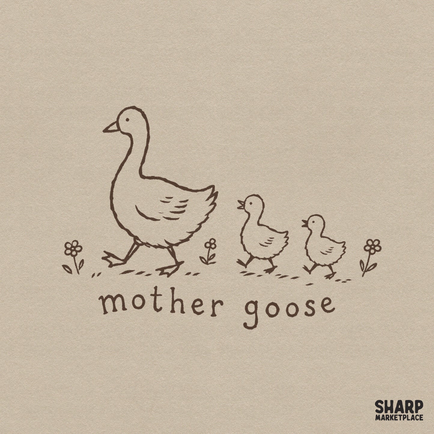 Vintage hand-drawn illustration of a mother goose and two goslings walking past flowers with the text mother goose, perfect for nursery decor.