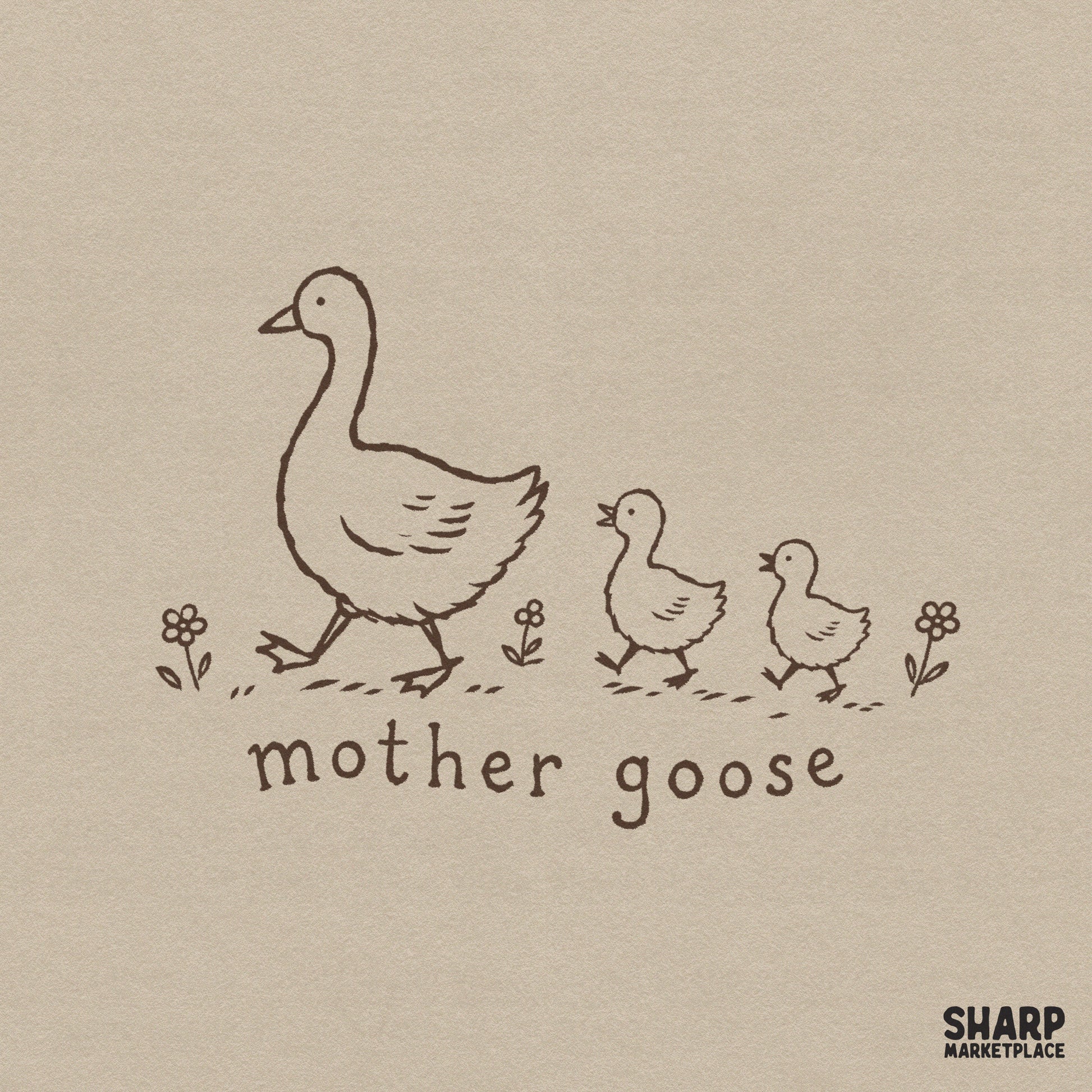 Vintage hand-drawn illustration of a mother goose and two goslings walking past flowers with the text mother goose, perfect for nursery decor.