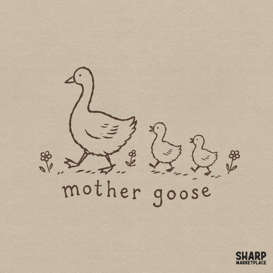 Vintage hand-drawn illustration of a mother goose and two goslings walking past flowers with the text mother goose, perfect for nursery decor.