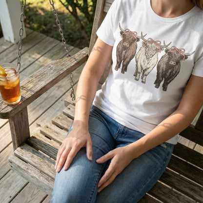 Highland Cow PNG Trio With Bows, Cute Farm Animal Design - 300 DPI Design