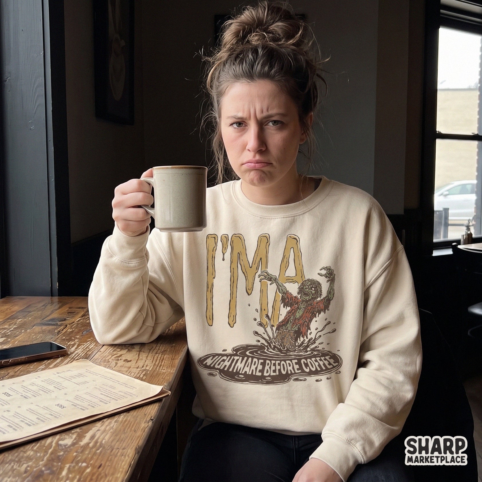 Retro zombie monster holding a coffee mug with sarcastic nightmare before coffee text for Halloween sublimation designs