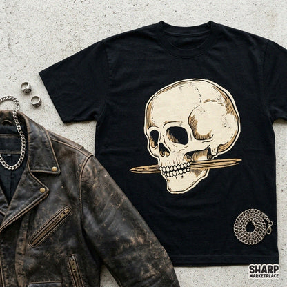 Grunge gothic skull holding a bone digital PNG design for Halloween shirts and horror sublimation projects