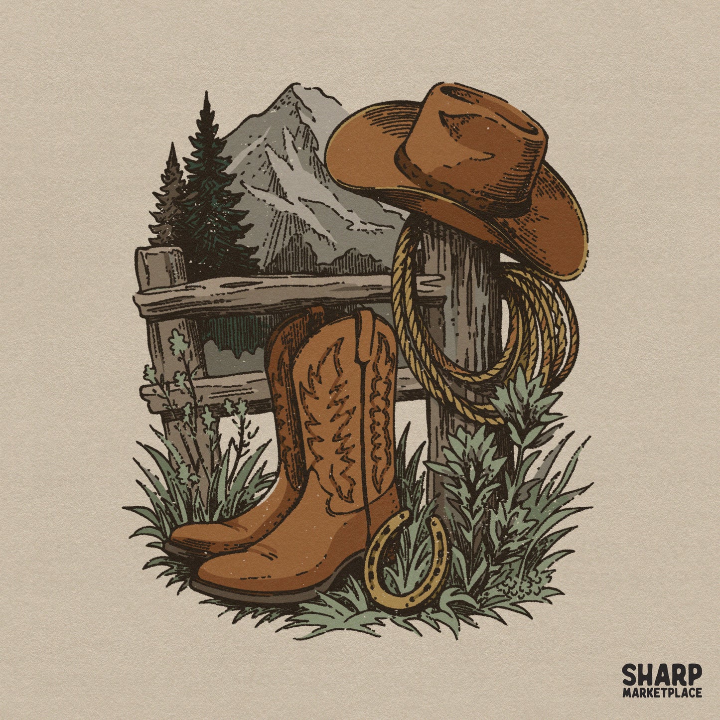 Vintage western cowboy boots and lasso on a fence mountain scene retro country music shirt design