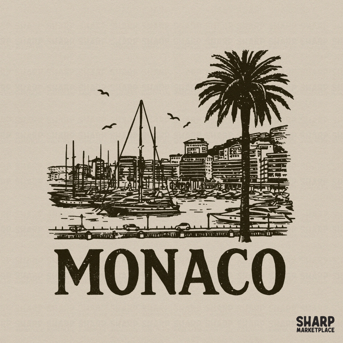 Vintage style Monaco marina illustration featuring a yacht harbor, palm tree, and coastal buildings in dark brown for apparel sublimation.