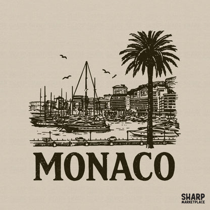 Vintage style Monaco marina illustration featuring a yacht harbor, palm tree, and coastal buildings in dark brown for apparel sublimation.