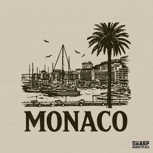 Vintage style Monaco marina illustration featuring a yacht harbor, palm tree, and coastal buildings in dark brown for apparel sublimation.