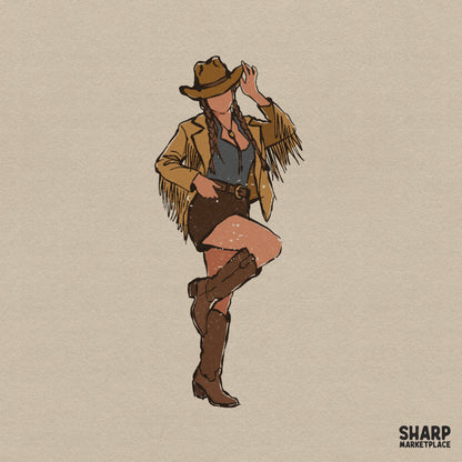 Digital illustration of a stylish cowgirl with braided hair wearing a fringe jacket, cowboy hat, and boots in a trendy western aesthetic.