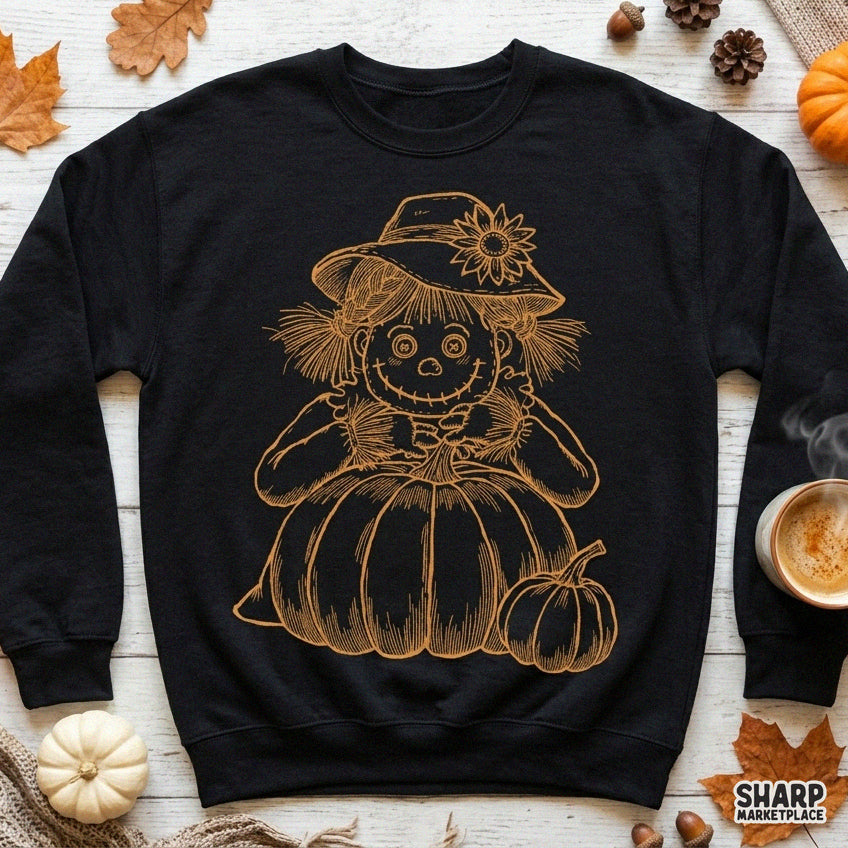 Vintage Scarecrow Doll with Sunflower Hat and Pumpkin