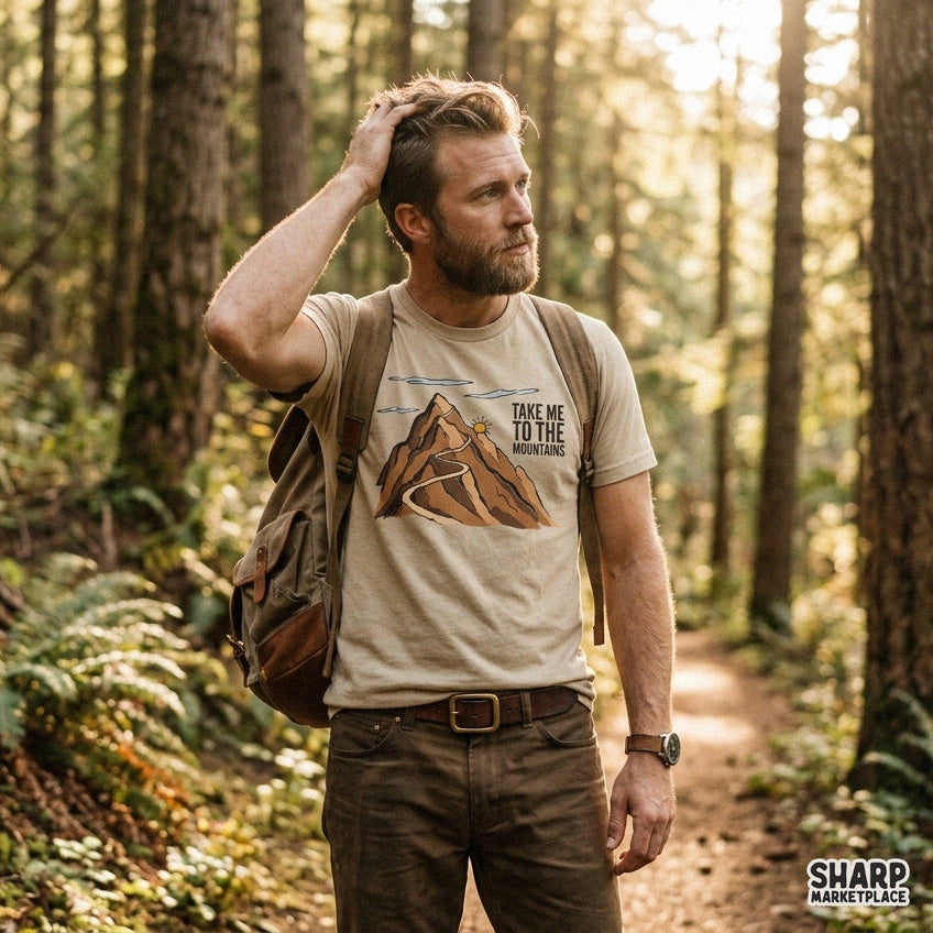 Hand drawn Take Me To The Mountains hiking design for retro outdoor adventure t-shirts and camping graphics