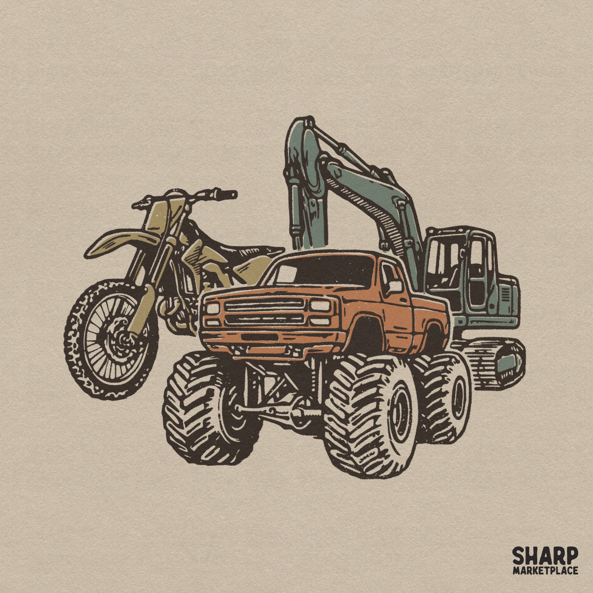Vintage heavy equipment graphic featuring a lifted monster truck, retro shirt png digital download