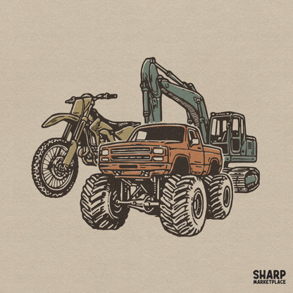 Vintage heavy equipment graphic featuring a lifted monster truck, retro shirt png digital download
