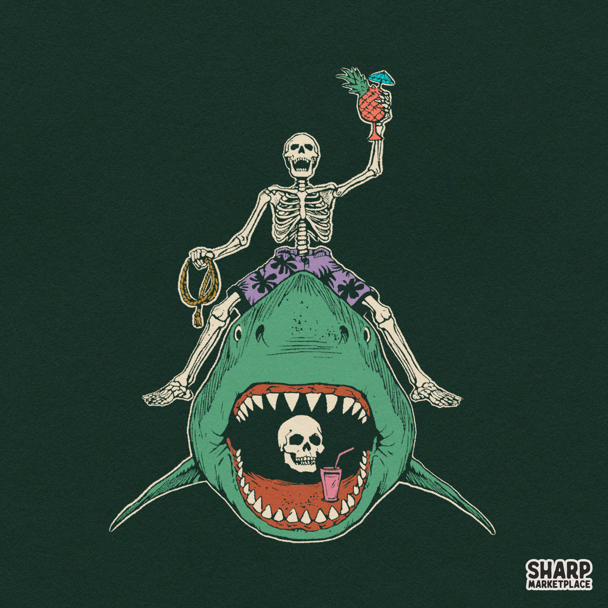 Tropical Skeleton Riding Shark With Pineapple Cocktail
